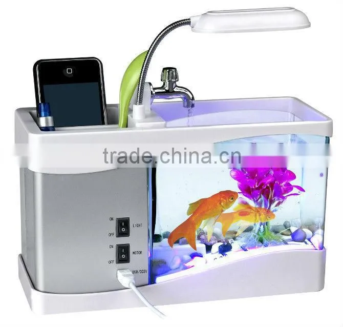 Mini Aquarium Fish Tank Penholder With Desktop LED Clock