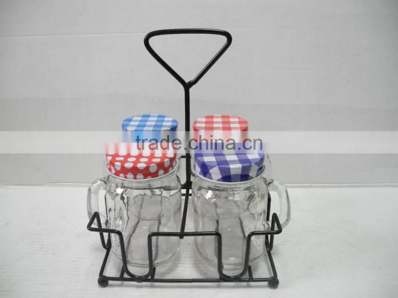 2 pcs glass mason mug cup set with handle and iron stand