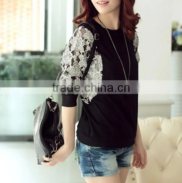 Korean style slim round neck long batwing sleeve women lace stitching plus size blank t-shirt