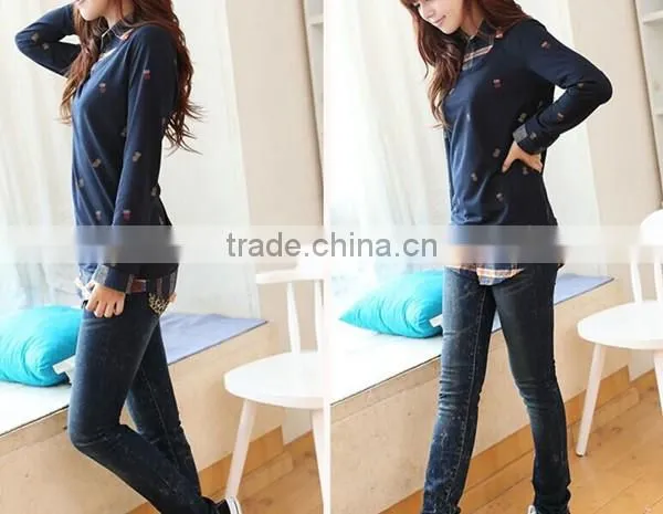 Spring and autumn lovely printed fake 2pcs long sleeve blouse designs fashion women plaid shirt