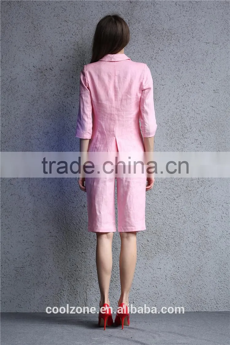 2014 summer cotton/linen ladies two pieces short sleeve blazer and middle pants set women office business suit