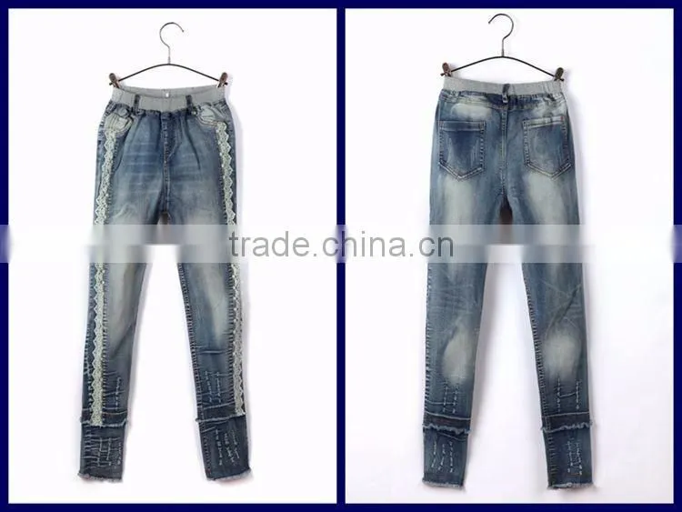 Cheap new style fray hem comfortable light blue lace stitched slim fit new design jeans for girls