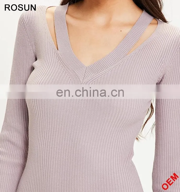 ROSUN China Factory OEM Cut Out V Neck Ribbed Midi Sweater Dress