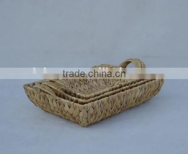 S/3 Rectangular Water Hyacinth Woven Shallow Tray with Handles