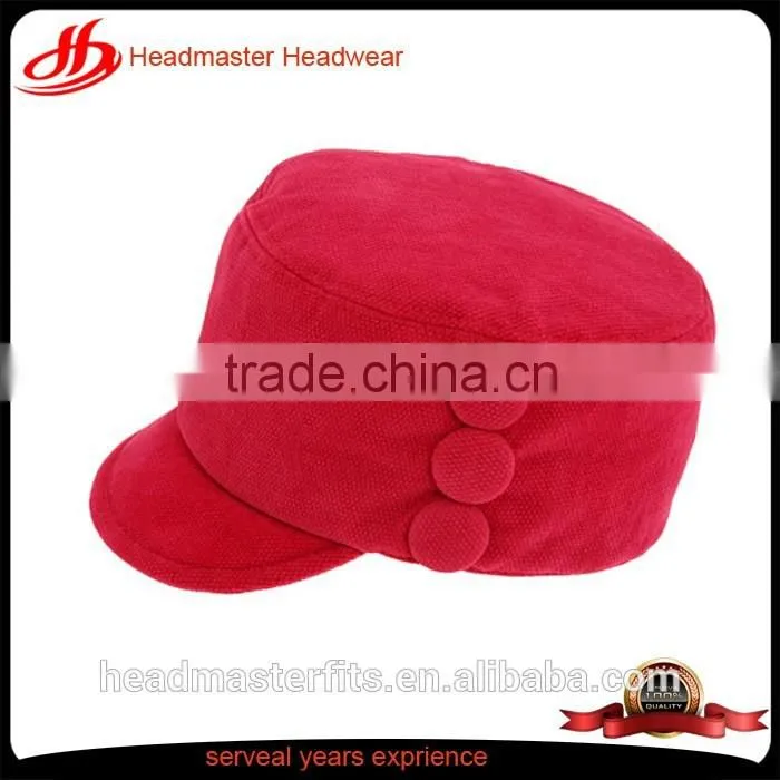 Custom lining 100% cotton red beret with decorative buttons on the side