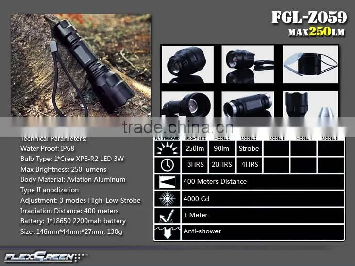 aluminum rechargeable R2 3 watt luxeon led flashlight