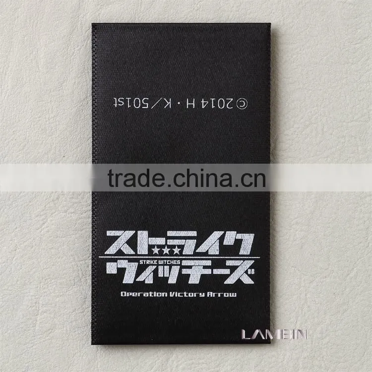 High density black damask printed label for trousers silk screen printed black satin ribbon labels for clothing