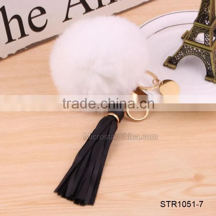 Custom Logo Genuine Leather Tassel Rabbit Fur Key Chain Pom Pom Fur Keychain