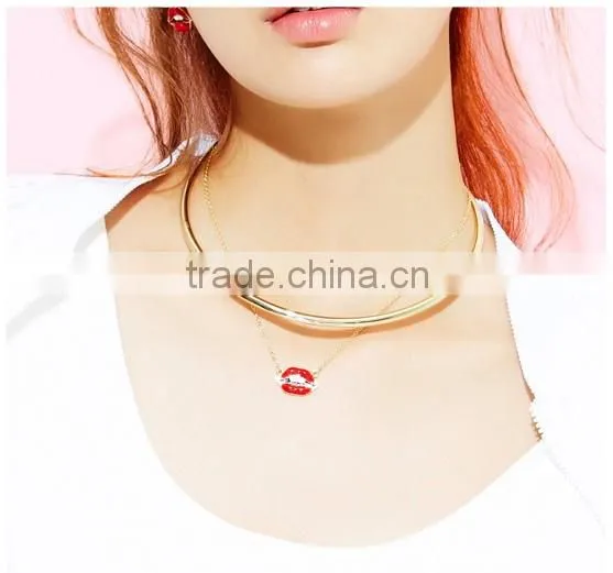 2016 Fashion Women Punk Necklaces Charm Party Gold Plated Red Lip Necklace Choker Collar Necklace