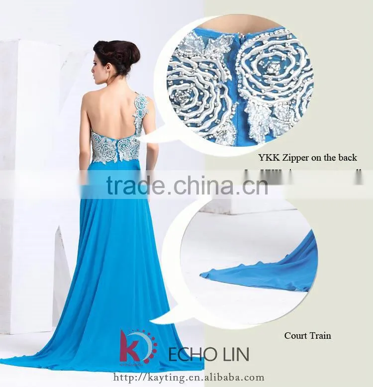 Sexy backless one-shoulder ruffle embroidered blue crystal dress