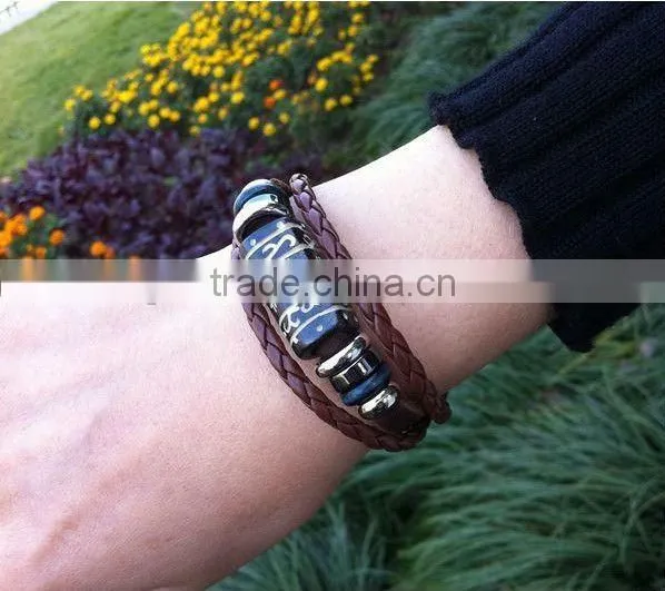 China style genuine plain leather bracelets with big cow bone bead