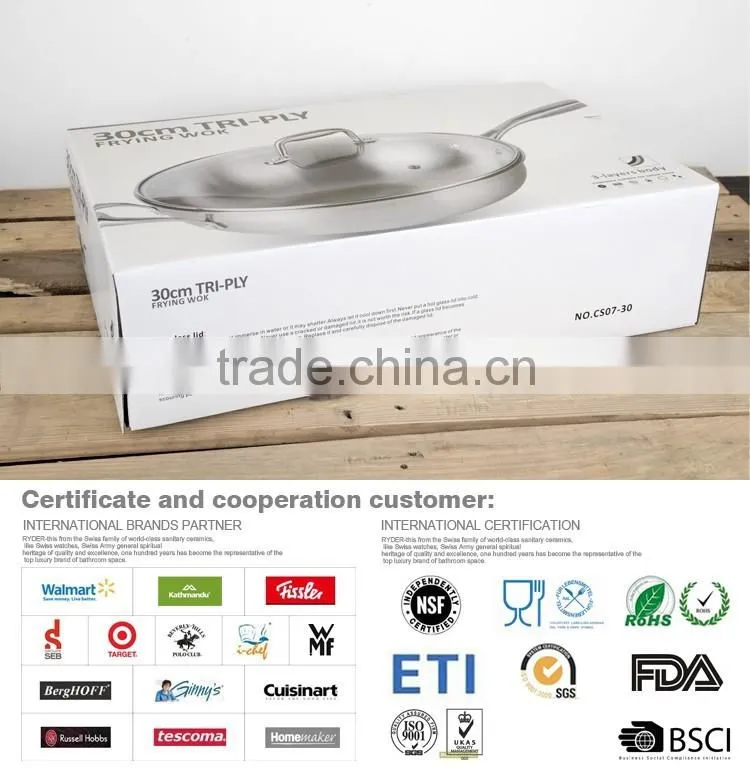 High quality 30cm Tri-ply stainless steel wok with lid/Induction bottom/cast stainless steel handle