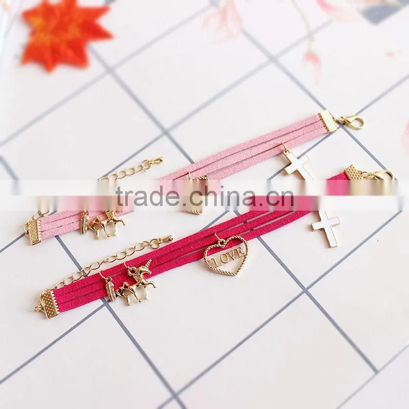gold love heart cross horse feather charms sude leather bracelet multi layer velvet leather bracelet