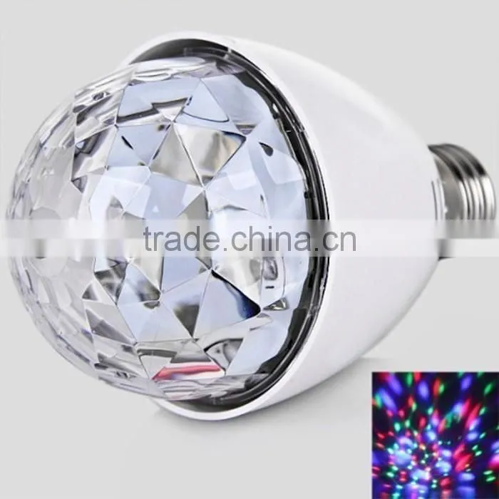 Hot selling Auto Mini Party Induction Light LED Bulbs E27 3W Bulb Full Color RGB LED Plastic Rotating Lamp with Remote Control
