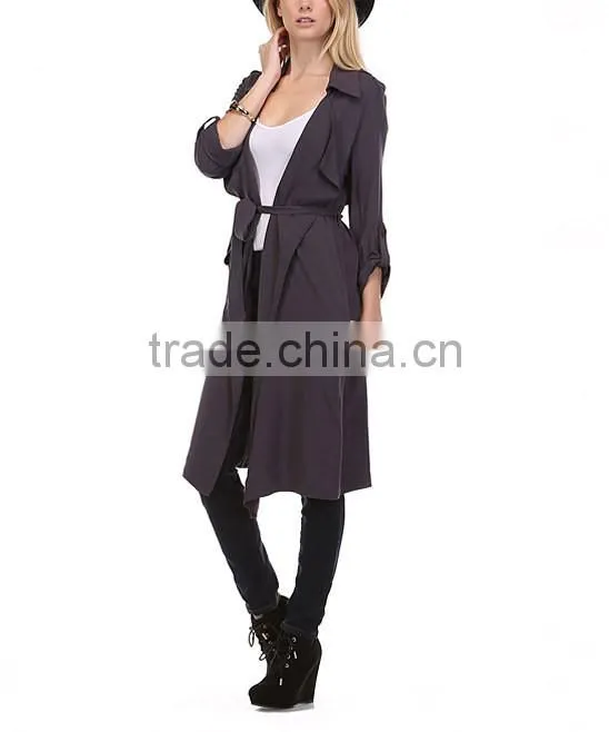 Fashion Modern Apparel Women Trendy Turkey 3/4 Sleeve Plain Spring Winter Coat Charcoal Sheer Trench Long Coat