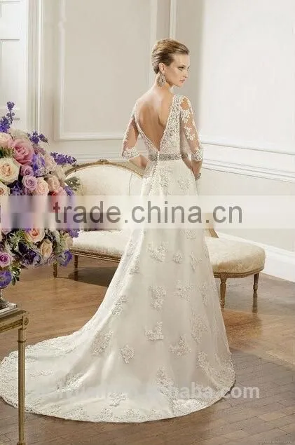 vintage backless lace three quarter sleeve wedding dress