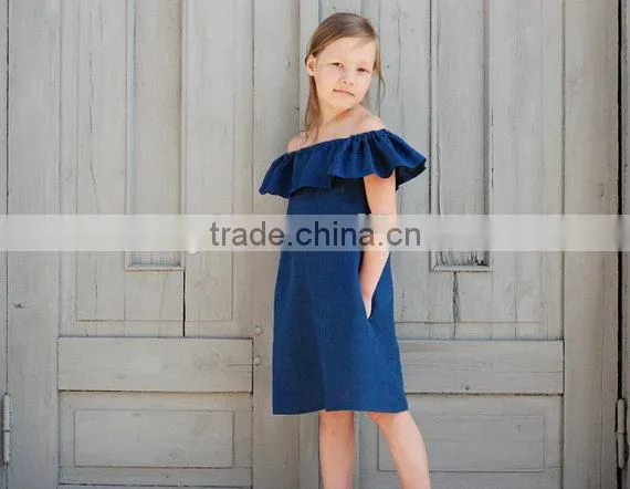 Wholesale Kid Clothing Elegant Summer Girls dress Off shoulder Ruffle Dusty Pink Linen Girl Child Dress