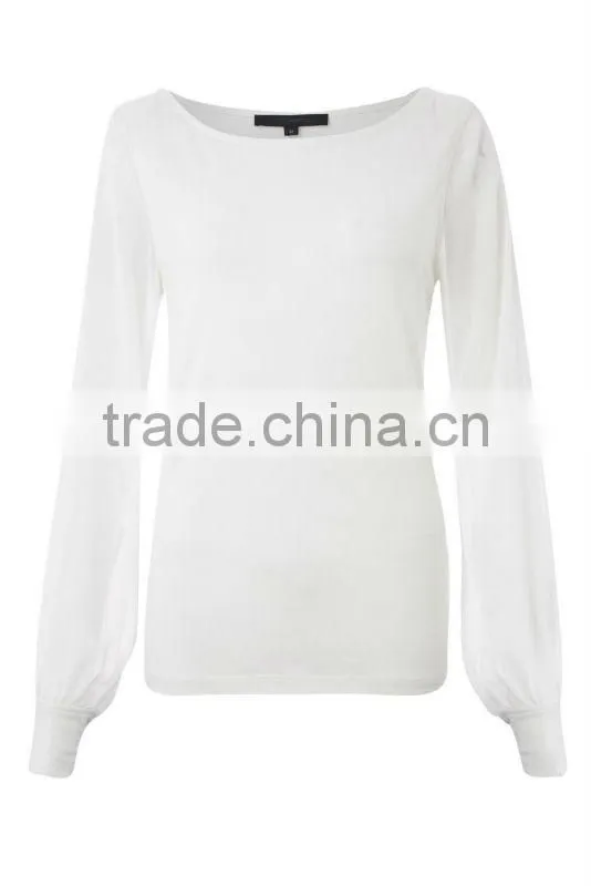Ladies Jersey Top with sheer sleeves and gathered cuffs