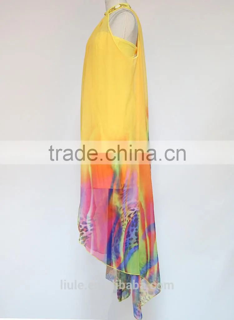 nail beaded cardigan loose assorted colors printing irregular hem sleeveless chiffon cloak for women