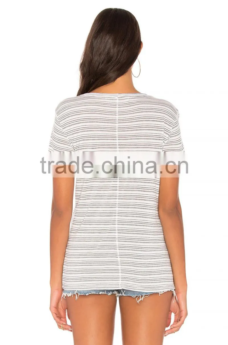 2017 Guangzhou Shandao Casual Summer 160g 100% Cotton Women O-Neck Short Sleeve Wholesale Striped T-Shirt