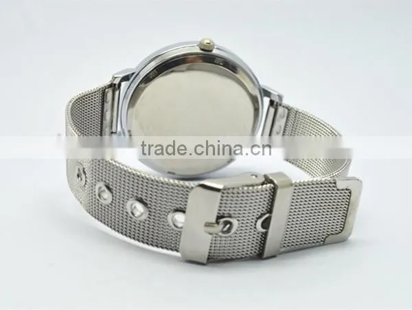 metal netting strap wristwatch covered with violet , betterfly ,pearls and Effiel Tower