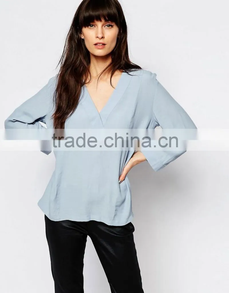 Blue colour lady chiffon blouse sexy v neck tops for women 2016 wholeale