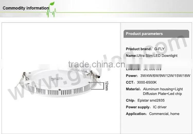 2016 CE Rohs SMD recessed round led panel light 6W/9W/12W/15W/18w/24W led downlight