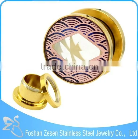 Pyroceram printed steel ear plug piercing 14k solid gold body jewelry