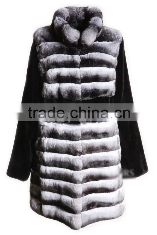QD23122 High Quality Chinachilla Fur Coat Wit Mink Fur Cashmere Sleeve