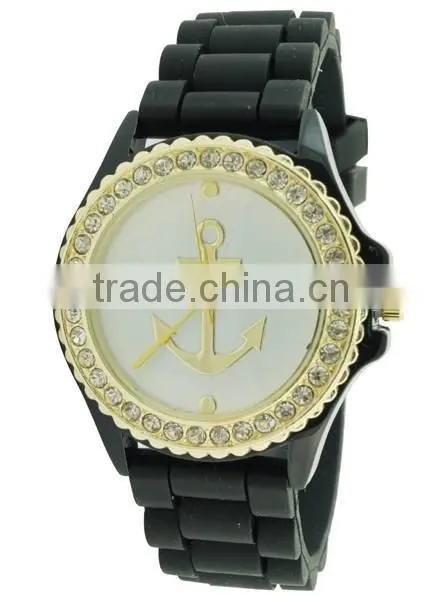 Vogue design gold anchor dial silicone watch, candy color 3D face jelly watch, girls boys hot fashion watch