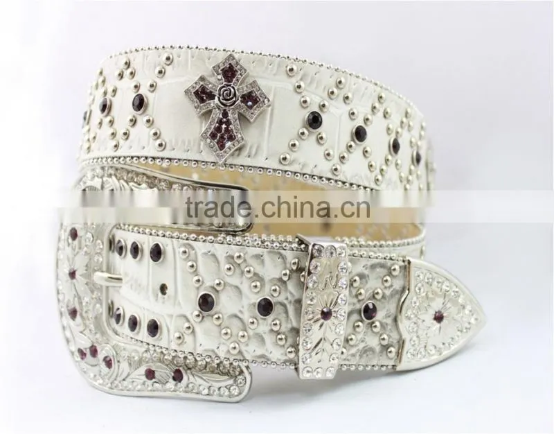 2016 New Design Western rhinestone leather belt with crystals circle chains and studs embedded