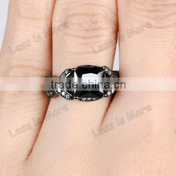 Princess Cut Black CZ Engagement Ring with band
