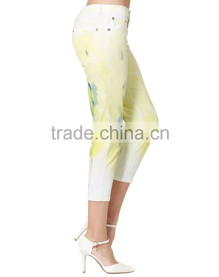 Guangzhou apparel wholesale printing leggings low waist fashion ladies printed cropped jeans trousers