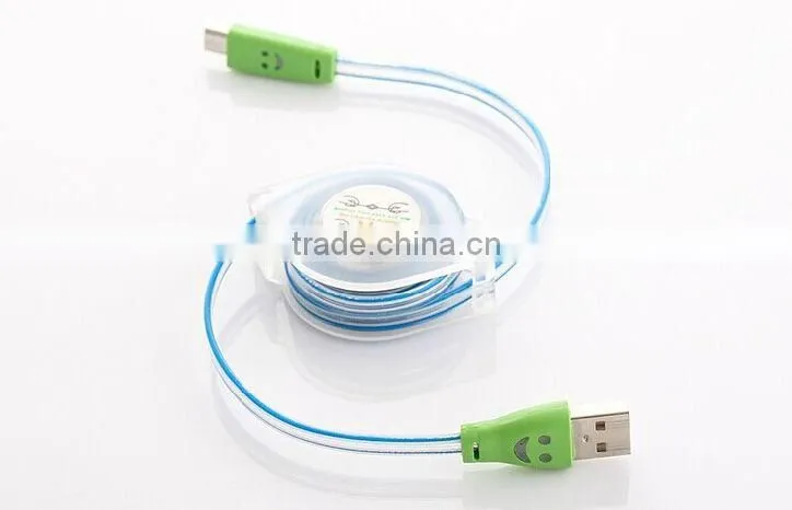 Glowing laughing face stretchable flat micro usb cable, USB to micro usb 5 pin for all smart phone