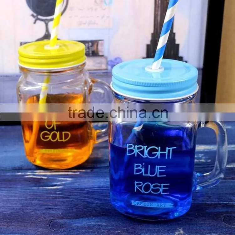 2016 Retro Glass Coloured Cocktail Drinking Handled Jam Mason Jars colorful glass mason jar