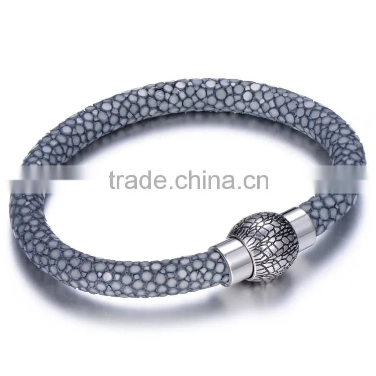 bio magnetic bracelet unisex genuine grey stingray cord leather bracelet bangle stainless steel charm jewelry 2017 for men women