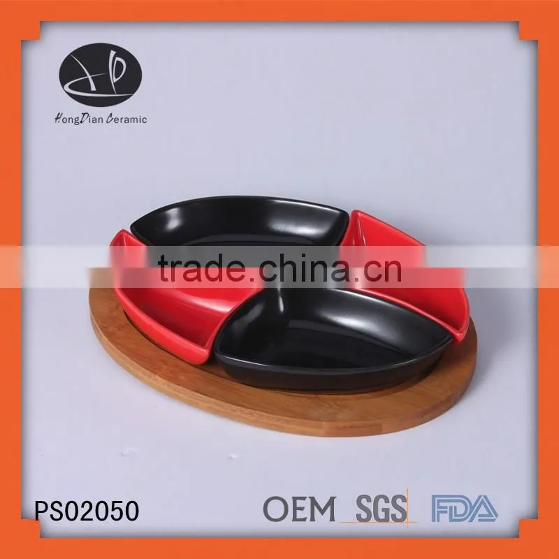 ceramic serving plate set with bamboo base,colored glaze plate