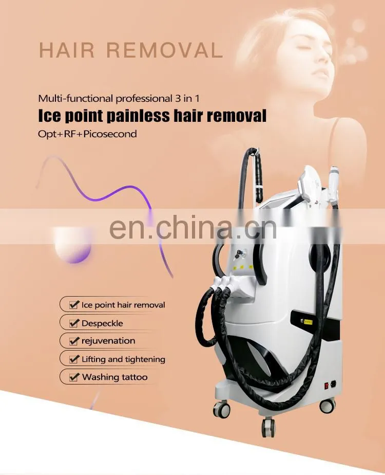 High quality hair removal beauty machine e-light ipl rf q-switched nd yag laser 3 handle