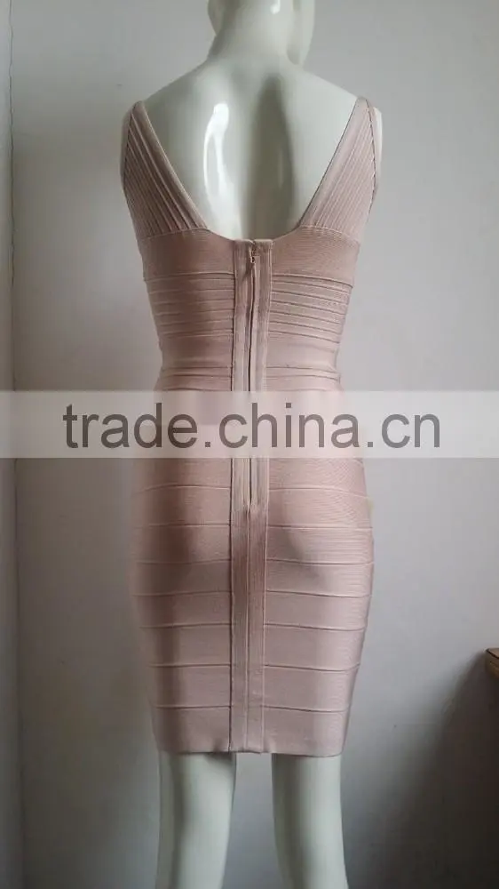 Summer dress wholesale top quality 2015 new fashion women attractive rayon stretch v neck nude sey mini bodycon evening party Ba