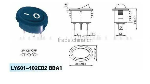 Oval on off on mini rocker switch with six pins