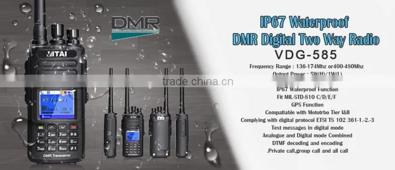 VITAI VDG-585 VHF/UHF 5W 1000CH GPS Function IP67 Waterproof Mototrbo Tier I&II DMR Digital Portable Transceiver