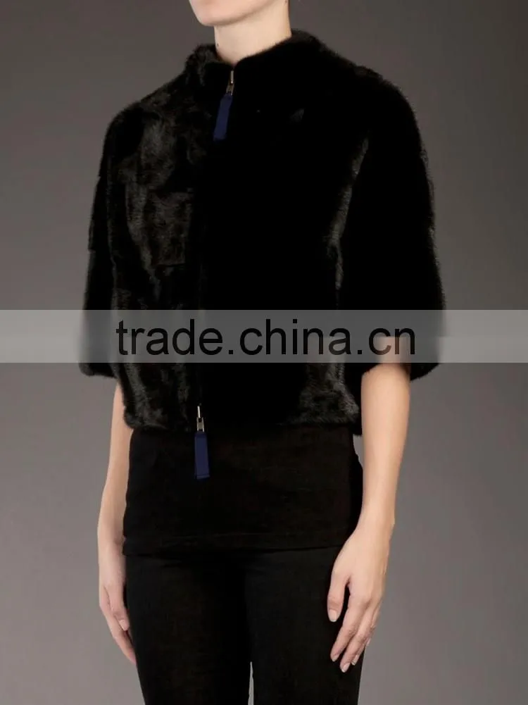 SHANGYI black 3/4 sleeve zipper cropped fur coat for woman
