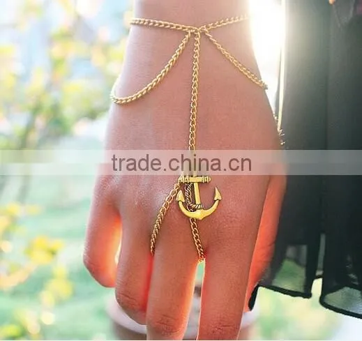 Women Girl Mutil layers Finger Ring Hand Chain Bracelet Lucky Anchor Charms