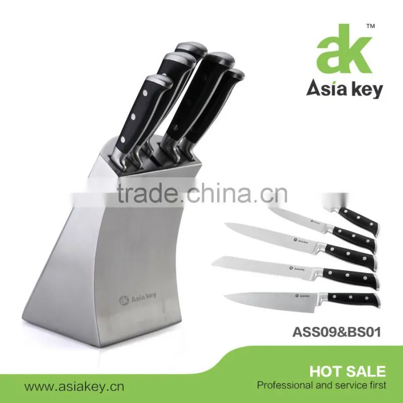 6Pcs Stainless Steel Kitchen Knife Set, Wooden Block Sharpener