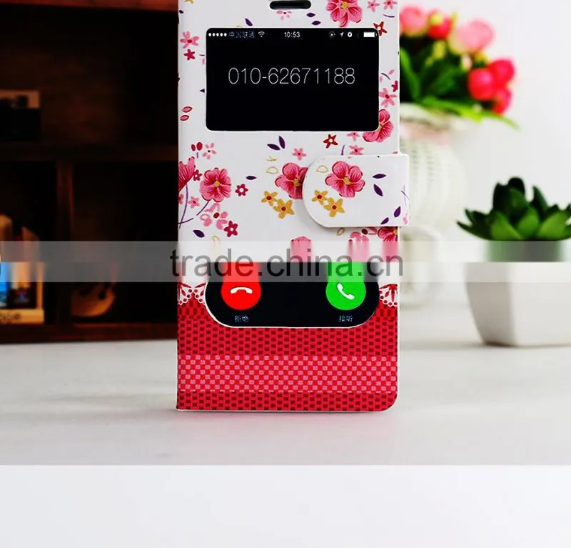Double window Flower PU leather flip case for iphone 6,mobile phone case