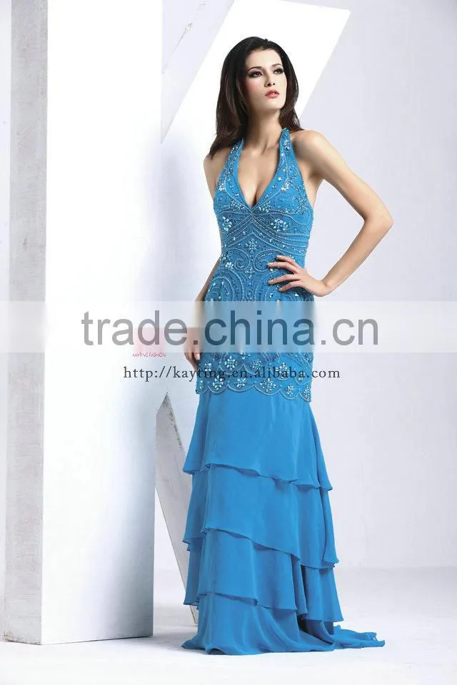Elegant sexy deep v-neck backless shiny evening dresses with beads long evening dress