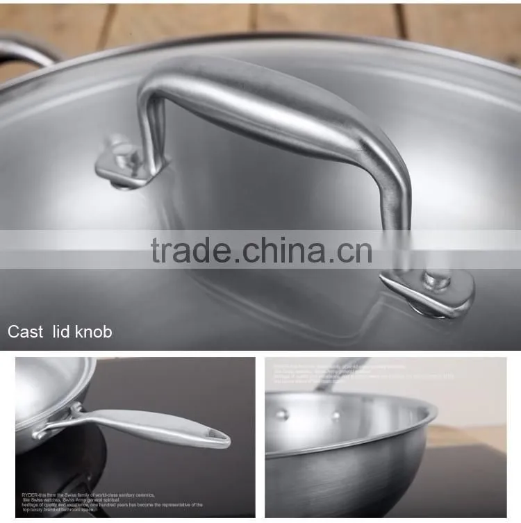 High quality 30cm Tri-ply stainless steel wok with lid/Induction bottom/cast stainless steel handle