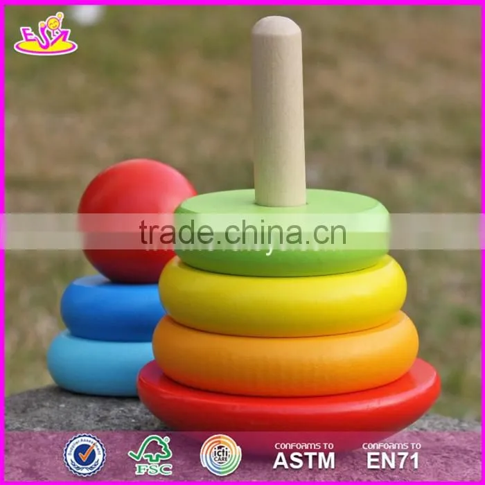 2017 new design colorful rainbow town kids wooden stacking rings toy W13D136