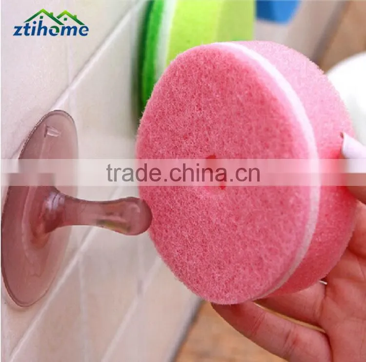 Kitchen Multicolor Double Sided Cleaner Dishwashing Round Sponge Pads with Suction Cup Pack
