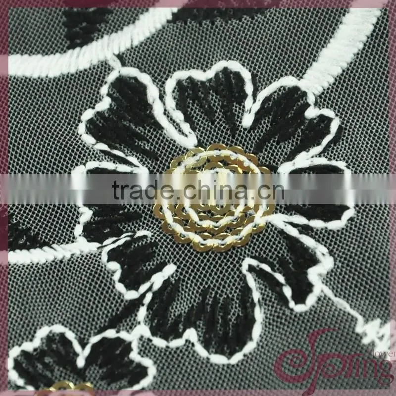 Vine flower embroidery french lace fabric, mesh embroidered sequin fabric for dress